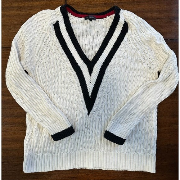 The Limited Ivy League V-neck Long Sleeve Ivory Pullover Sweater‎ Black Stripe - Picture 1 of 4